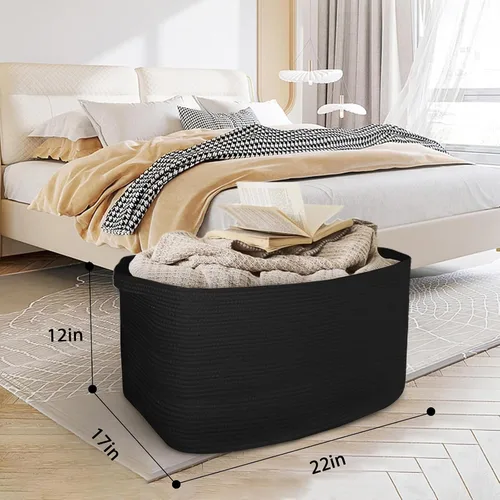 Vista 3 de Cesta negra extragrande, contenedor rectangular tejido de 22 x 17 x 12 pulgadas para almacenamiento, cuerda de algodón suave para habitación
