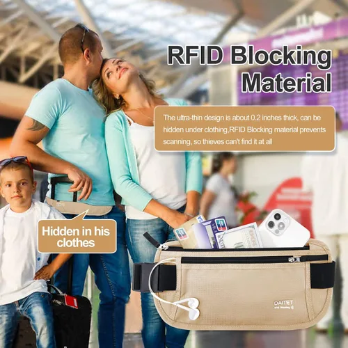 Vista 137 de DAITET Cinturón de dinero, soporte para pasaporte, cartera de viaje oculta segura con bloqueo RFID, riñonera encubierta (negro), Negro, Rfid