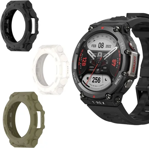 Vista 7 de Lamshaw - Protector de pantalla compatible con Amazfit T-Rex 2 con funda, película de vidrio templado de cobertura completa + funda protectora de 2