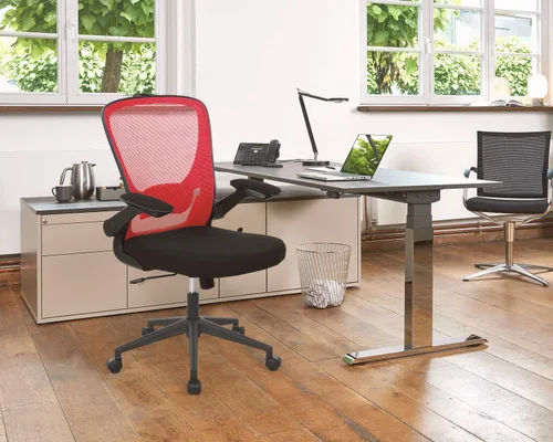 Vista 2 de Silla ergonómica de malla para oficina, con respaldo lumbar, giratoria, con ruedas, ejecutiva, con brazos y respaldo medio ajustable, para Rojo