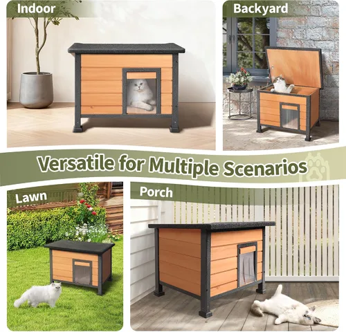 Vista 5 de Casa para gatos al aire libre, casa para gatos al aire libre, resistente a la intemperie, techos de asfalto abiertos, casa para gatos para gatos