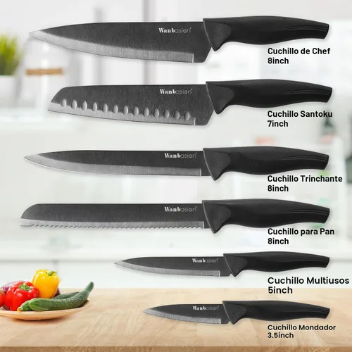 Vista 3 de Wanbasion Juego de cuchillos de cocina profesional negro, de acero inoxidable, apto para lavavajillas con fundas
