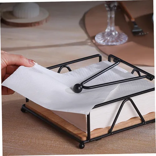 Vista 2 de Metal Napkin Holder with Weighted Tension Arm & Wooden Base, Rustic Dispenser for Table & Kitchen, Black