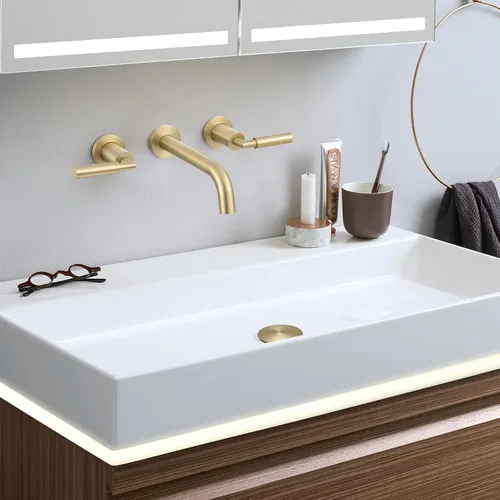 Vista 8 de RBROHANT RB0736D - Grifo de montaje en pared dorado con drenaje desplegable para fregadero sin desbordamiento, grifo de fregadero de baño de doble