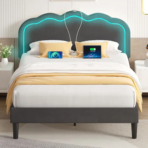 Vista 9 de VECELO Base de cama tapizada tamaño Queen con cabecero ajustable, luces LED, USB-A y tipo C, plataforma de terciopelo sin ruido, base de colchón