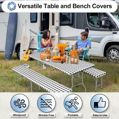 Vista 5 de OutdoorLines - Funda de vinilo ajustable para mesa de picnic con fundas de banco