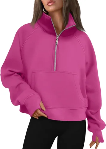 Vista 40 de AUTOMET Sudaderas con media cremallera para mujer, sudadera corta de vellón con cremallera de un cuarto, sudaderas con capucha para el otoño, a