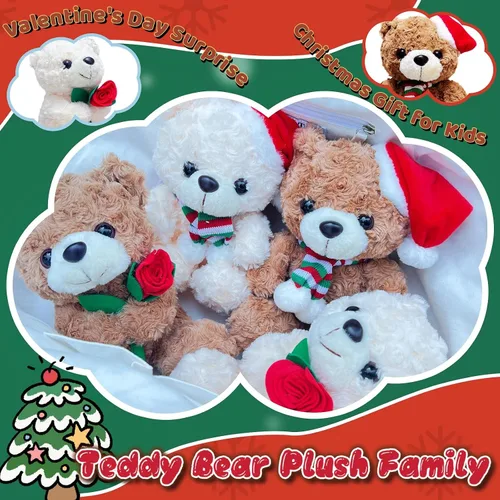 Vista 5 de Oso de peluche blanco de 9.84 pulgadas con flor para niñas y niños, bonito oso de peluche, regalos del día de San Valentín para novia, recuerdos