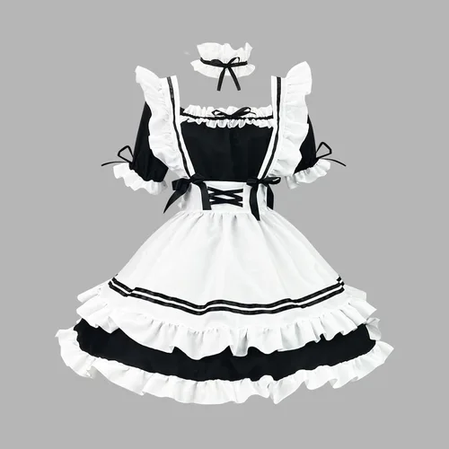 Vista 2 de LIUguoo Disfraz de Halloween para mujer, delantal francés, disfraz de sirvienta japonés, anime kawaii, lindo vestido de Lolita