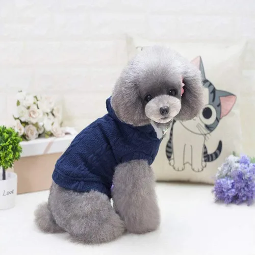 Vista 3 de Rdc Pet Clothes - Suéter de lana con gorro para perros y gatos, abrigo cálido de forro polar de cuello alto para invierno (S, azul clásico)