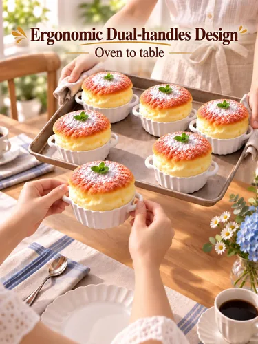 Vista 2 de 4 oz Ceramic Creme Brulee Ramekins with Two Handles, Souffles Dish 3.5*1.6in 6 Pcs Pudding Custard Cups; Healthy Glaze; Dipping Sauce Dishes; Gifts