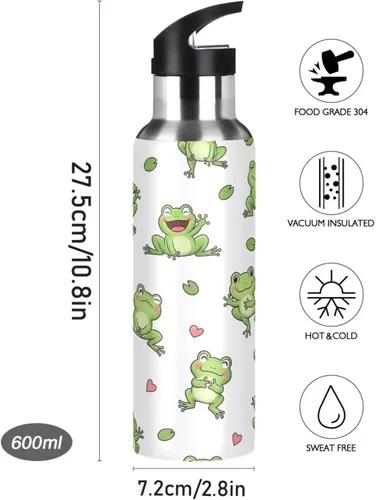 Vista 9 de Cute Cartoon Frogs White Stainless Steel Vacuum Insulated Water Bottle 32 Oz, BPA-Free Sport Water Bottle Leakproof Water Bottles