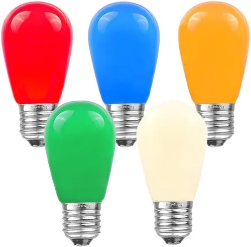 Vista 10 de Novelty Lights Paquete de 25 focos S14 para patio al aire libre con base Edison de repuesto, E27 de tamaño mediano, multicolor, 11 vatios