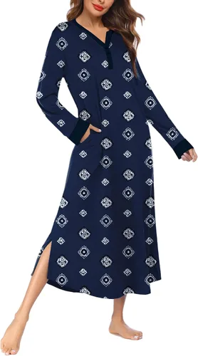 Vista 3 de Ekouaer Camisón largo para mujer con cuello en V, ropa de dormir de longitud completa con bolsillos