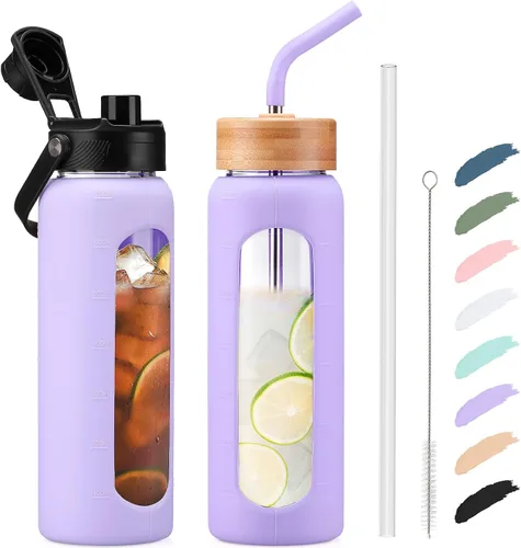 Vista 24 de Botella de agua Kodrine con pajita, botella de vidrio de 24 oz con 2 tapas, una de pajita de bambú y otra con pico y asa, botella de vidrio
