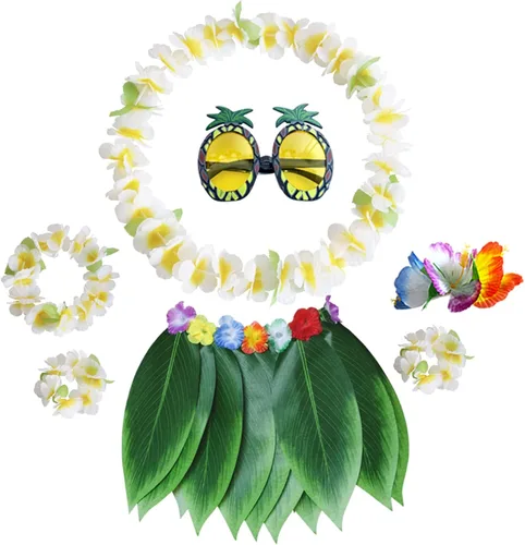 Vista 7 de PHOGARY 7 Pack Hawaiian Flower Leaf Hula Skirt Costume Accessory Kit for Hawaii Luau Party Azul
