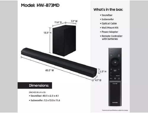 Vista 5 de SAMSUNG Barra de sonido DTS Virtual:X con refuerzo de graves y subwoofer inalámbrico HW-B73MD/ZA - Negro (renovado)