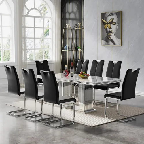 Vista 58 de 5 Piece Black Marble Dining Table Set for 4, Modern Faux Marble Kitchen Dining Room Tables with 4 Leather Chairs Set, 68.11" Luxury Rectangular