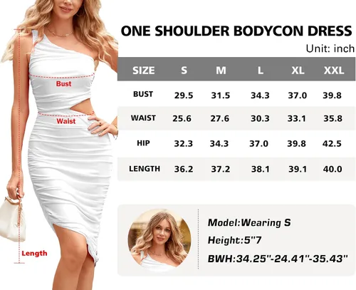 Vista 6 de MASCOMODA Women's 2023 Summer One Shoulder Sexy Bodycon Dress Sleeveless Cutout Ruched Midi Dress Party Cocktail Sun Dresses