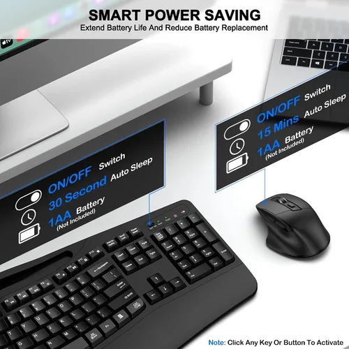 Vista 6 de Combo de teclado y mouse inalámbricos, teclas onduladas de tamaño completo 2.4G, teclado ergonómico con reposamuñecas, soporte para teléfono, mouse