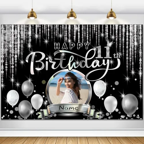 Vista 88 de Cartel de decoración de feliz cumpleaños número 100 personalizado - Personalización disponible - Negro y plateado - Tamaño grande - Admite fotos