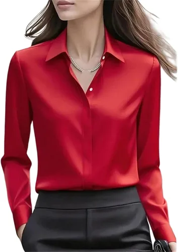 Vista 9 de Camisa de oficina de manga larga para mujer, cuello con botones, blusa formal sólida