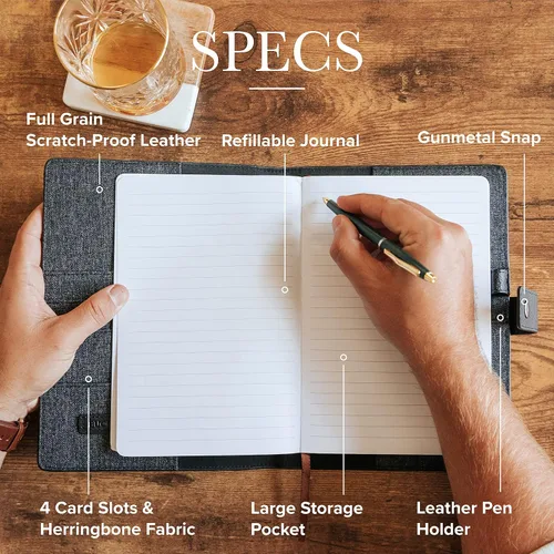 Vista 2 de CASE ELEGANCE Funda de Diario de Cuero Premium de Grano Completo Negro Recargable con Cuaderno Rayado A5 - Cuero DURA-Leather Resistente a Rayones