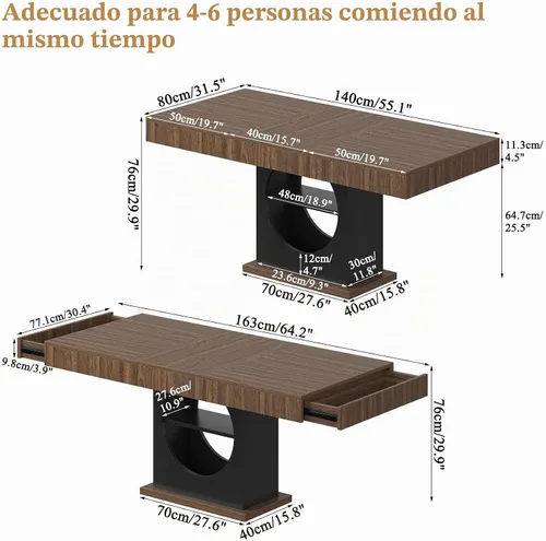 Vista 2 de Mesa de comedor para 4-6 personas, mesa de comedor de 55 pulgadas con cajones y almacenamiento abierto, base de pedestal de madera, mesa rectangular