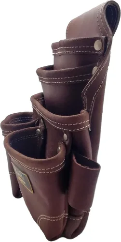 Vista 5 de Funda para uñas de carpintero de cuero dorado 3350DP, cuero marrón, 5 bolsillos Cuero curtido al aceite con costuras reforzadas y 2 presillas