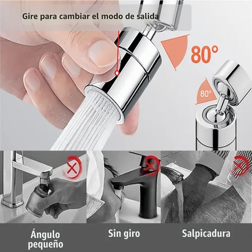 Vista 8 de Cabezal rociador de grifo de cocina y lavabo, rociador giratorio de doble función de 360°, aireador de grifo giratorio de ángulo grande de 80