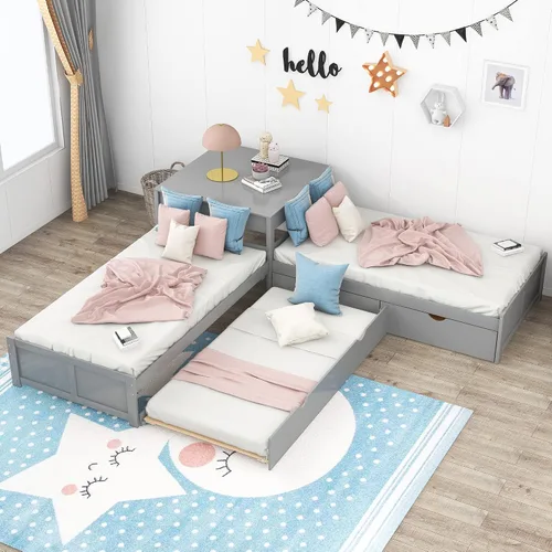 Vista 3 de Harper & Bright Designs Cama de plataforma en forma de L con nido y cajones vinculados con escritorio integrado, marco de cama individual de madera