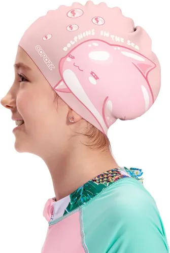 Vista 10 de COPOZZ Gorros de natación para niños, de silicona, impermeable, cómodo, gorro de natación para cabello largo y corto Delfín azul-5-12 años