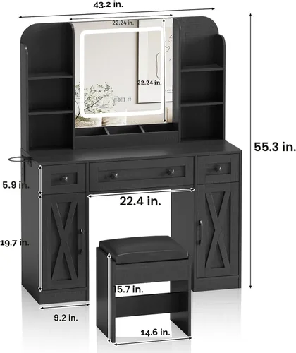Vista 7 de Vabches Escritorio de tocador negro, espejo de tocador con luces, escritorio de maquillaje con taburete, mesa de maquillaje con grandes cajones