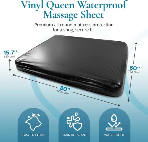 Vista 2 de Sábana Bajera de Vinilo Negro Queen Impermeable para Cama de Masaje con Bolsillo Lateral Protector de Colchón, Funda de Cama para Masaje Nuru