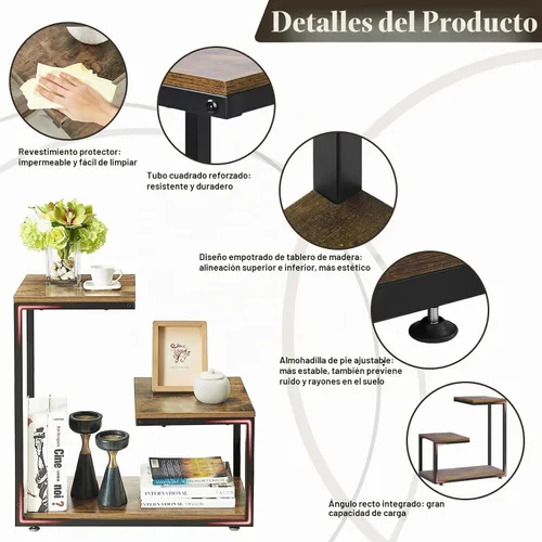 Vista 4 de Mesa auxiliar en forma de G, mesa auxiliar de 3 niveles para sofá interior, mesa auxiliar pequeña con marco de metal para sala de estar, dormitorio