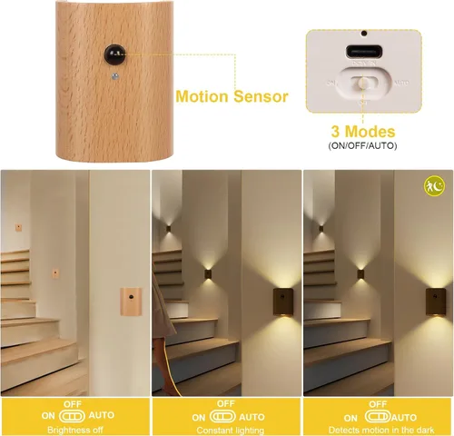 Vista 8 de Lámpara de pared LED de madera, luces nocturnas con sensor de movimiento, apliques recargables, luces para dormitorio