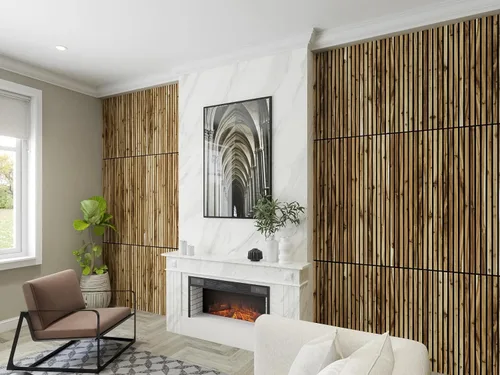 Vista 6 de Woody Walls Paneles de pared de listones de madera maciza, cada panel de pared de listones de madera está hecho de madera real, los paneles