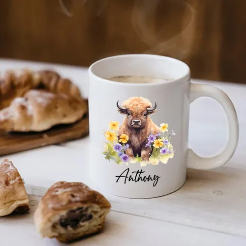Vista 3 de Taza de café de bisonte personalizada de 11 onzas y 15 onzas, taza de té blanca de bisonte bebé, regalos para niñas, niños, niñas, niños, mejores