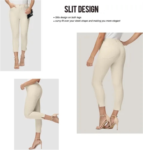 Vista 4 de PUWEER Pantalones capri para mujer, elegantes, casuales, elásticos, rectos, con bolsillos