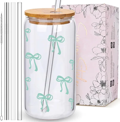 Vista 11 de BIPEDS Coquette Tazas de vidrio lindas con moño rosa y tapas y pajitas, taza de café helado estética, taza de diseño preppy femenino, regalos