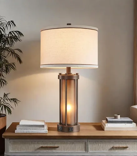 Vista 11 de Lámparas de mesa modernas para sala de estar, lámparas industriales de mesita con 2 puertos USB, lámpara rústica de mesita con luz nocturna
