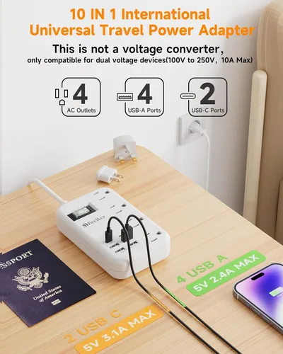 Vista 3 de Adaptador de enchufe de viaje europeo, regleta de corriente de EE. UU. a Europa con 6 USB (2 USB C) 4 tomas de corriente, adaptador de corriente