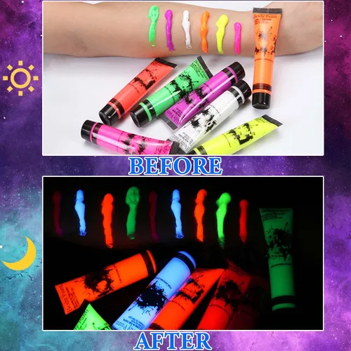 Vista 3 de 12 piezas de pintura corporal que brilla en la oscuridad, juego de maquillaje de luz negra fluorescente neón, juego de pintura facial