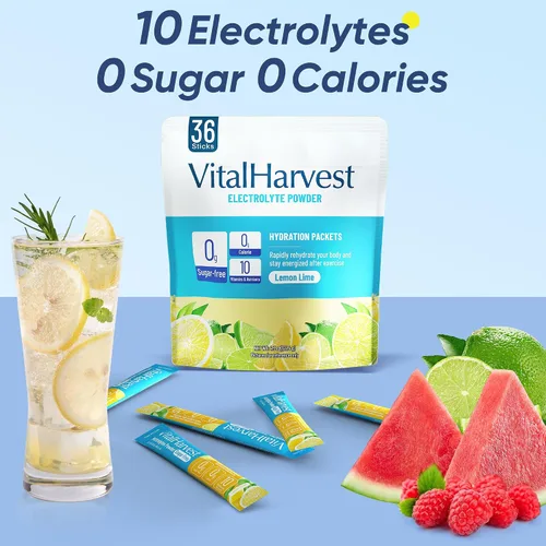 Vista 4 de VitalHarvest 36 sobres de electrolitos en polvo sin azúcar, paquetes de hidratación, bebida líquida de electrolitos para IV diaria, con sabor a lima