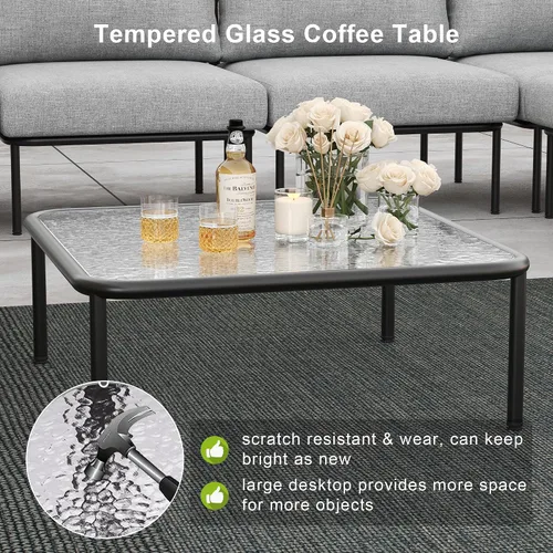 Vista 6 de LayinSun Juego de muebles de patio de aluminio de 7 piezas, sofá modular moderno con mesa auxiliar y cojín de grosor mejorado Gris claro