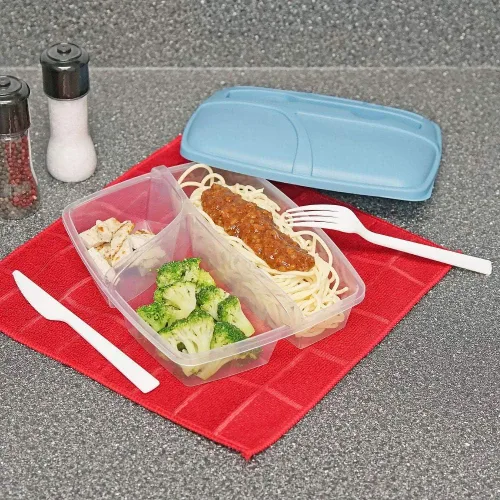 Vista 4 de Juego de recipientes de comida de viaje con tenedor y cuchillo, caja de comida de 3 secciones para sobras, ensalada y aperitivos