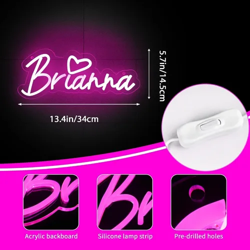 Vista 3 de Letrero de neón con el nombre Brianna para decoración de pared, luz de neón LED con el nombre Brianna para dormitorio de niños, decoración de fiesta