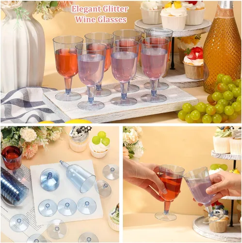 Vista 5 de Meanplan 100 copas de vino de plástico con tallo de 6 onzas, vasos de vino de plástico para fiestas, desechables, apilables, de picnic de boda Azul