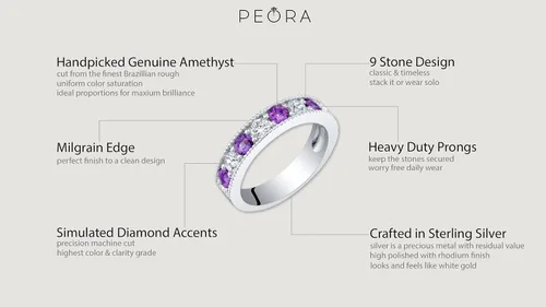 Vista 4 de PEORA Sterling Silver 4mm Milgrain Half-Eternity Anniversary Wedding Ring Band for Women, Various Gemstones, Comfort Fit, Sizes 5 to 9