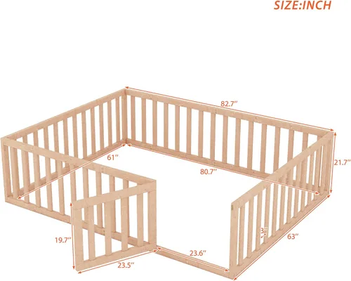 Vista 2 de Bellemave Cama de suelo para niños, marco de cama Montessori tamaño Queen con barandillas de valla para niños, camas de madera para niños y niñas